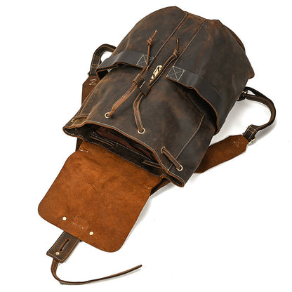 Crazy Horse Leather Drawstring Backpack – Dual Front Pockets