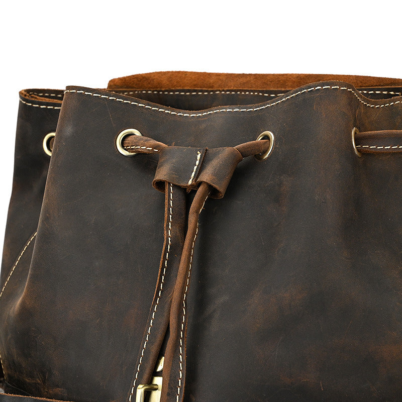 Crazy Horse Leather Drawstring Backpack – Dual Front Pockets