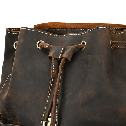 Crazy Horse Leather Drawstring Backpack – Dual Front Pockets