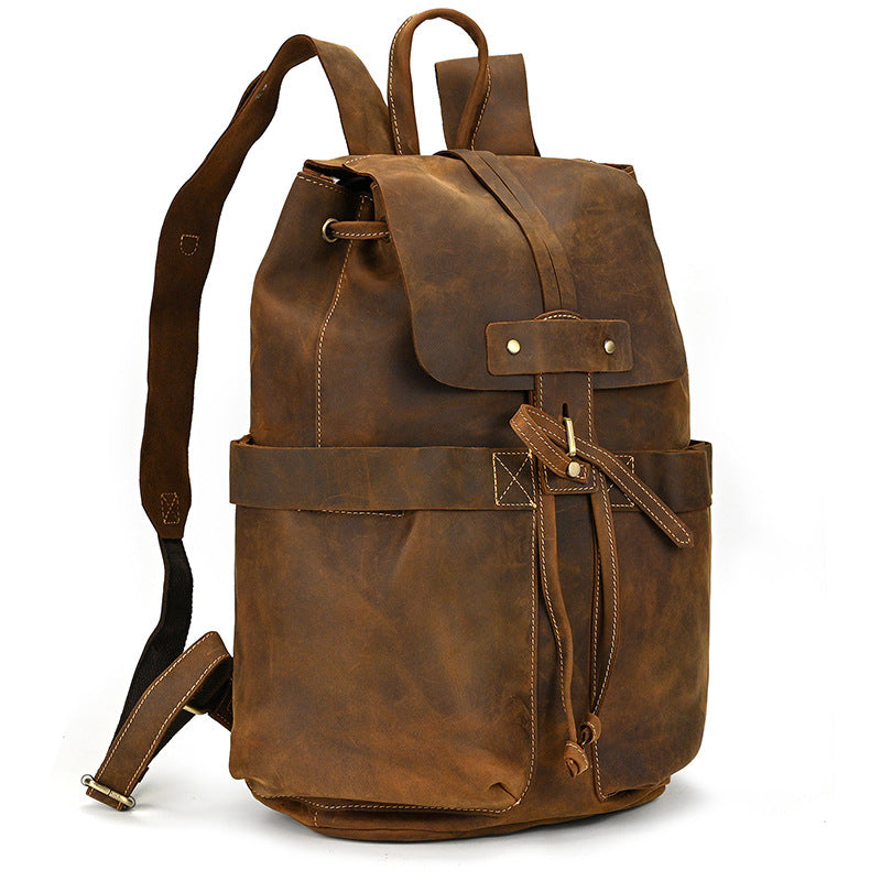 Crazy Horse Leather Drawstring Backpack – Dual Front Pockets