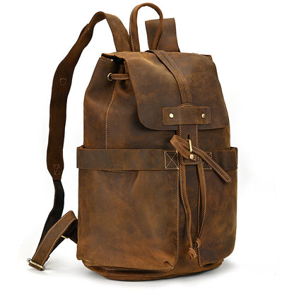 Crazy Horse Leather Drawstring Backpack – Dual Front Pockets