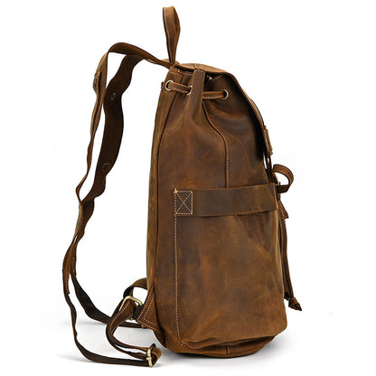 Crazy Horse Leather Drawstring Backpack – Dual Front Pockets