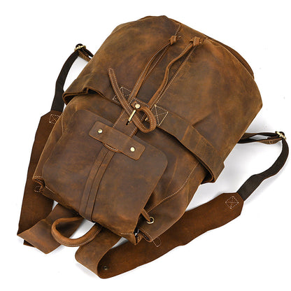 Crazy Horse Leather Drawstring Backpack – Dual Front Pockets