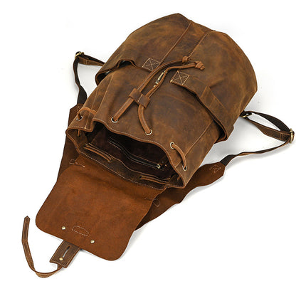 Crazy Horse Leather Drawstring Backpack – Dual Front Pockets