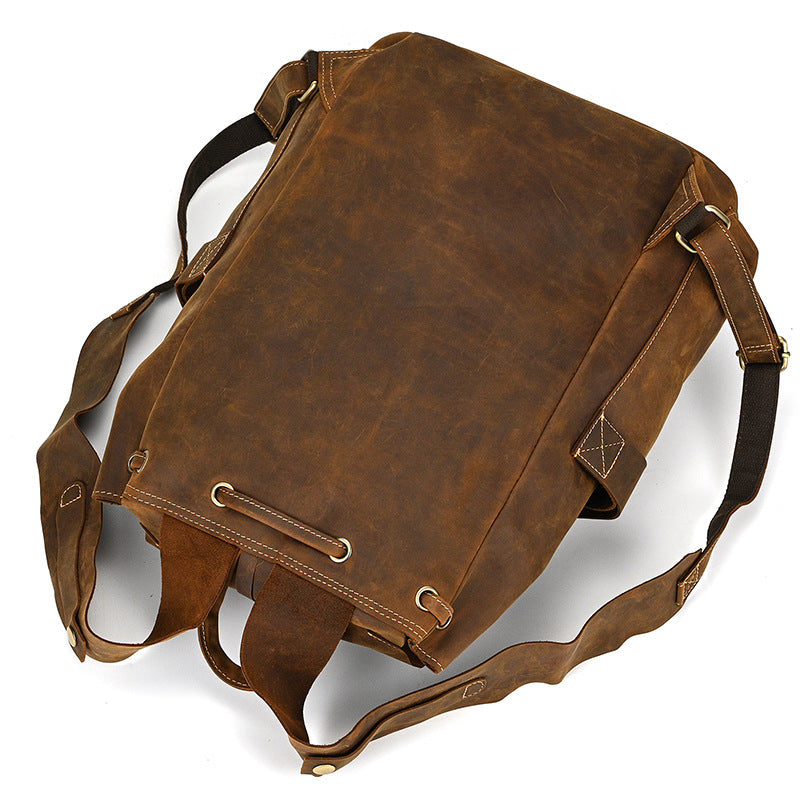 Crazy Horse Leather Drawstring Backpack – Dual Front Pockets