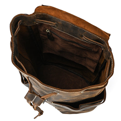 Crazy Horse Leather Drawstring Backpack – Dual Front Pockets