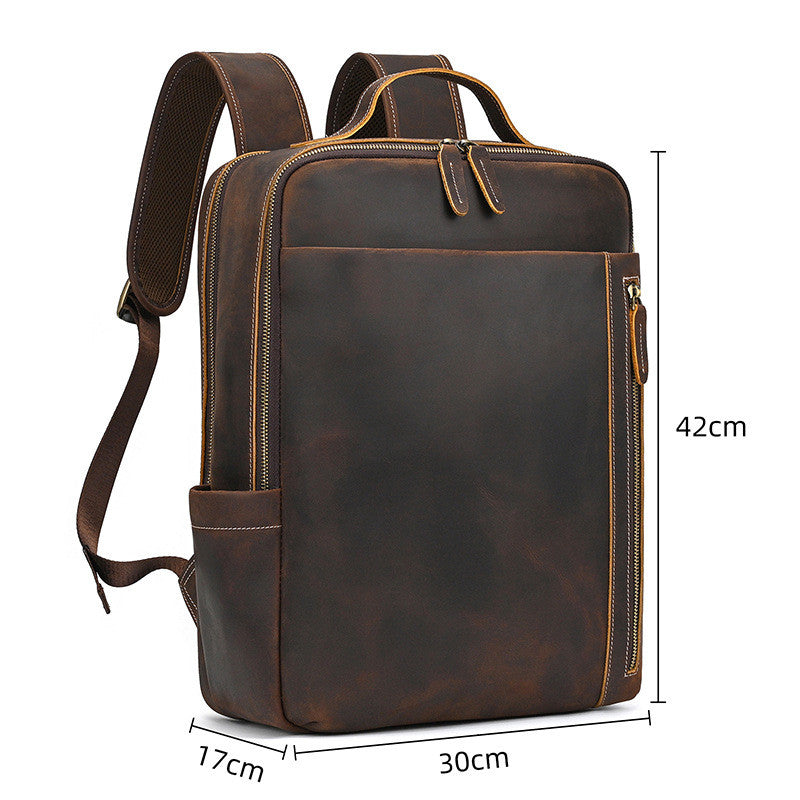 Vintage Brown leather backpack with measurements on a white background
