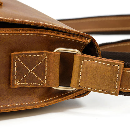 Close-up of a brown leather bag with a strap and stitching detail on a white background
