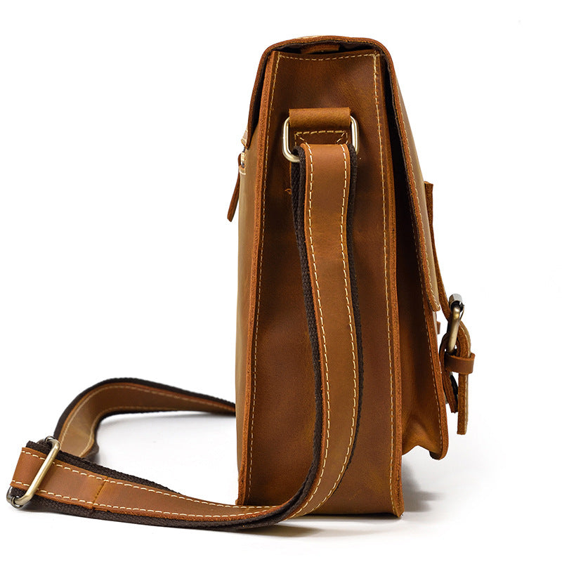 full grain leather messenger bag side profile structure view