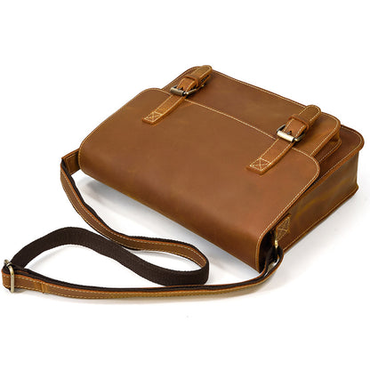 crazy horse leather messenger bag top view showing strap and shape