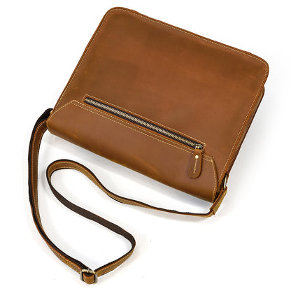 vintage leather messenger bag back zipper detail angle