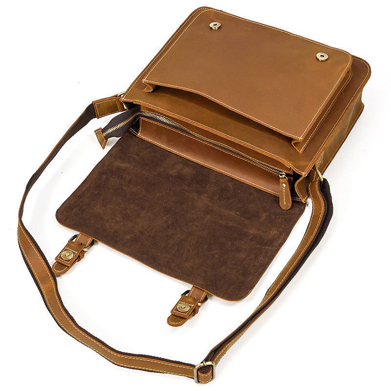 crazy horse leather messenger bag interior compartments open view