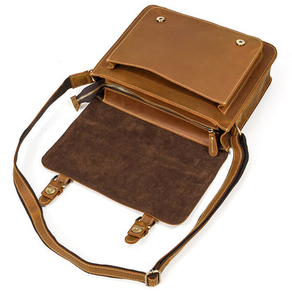 crazy horse leather messenger bag interior compartments open view