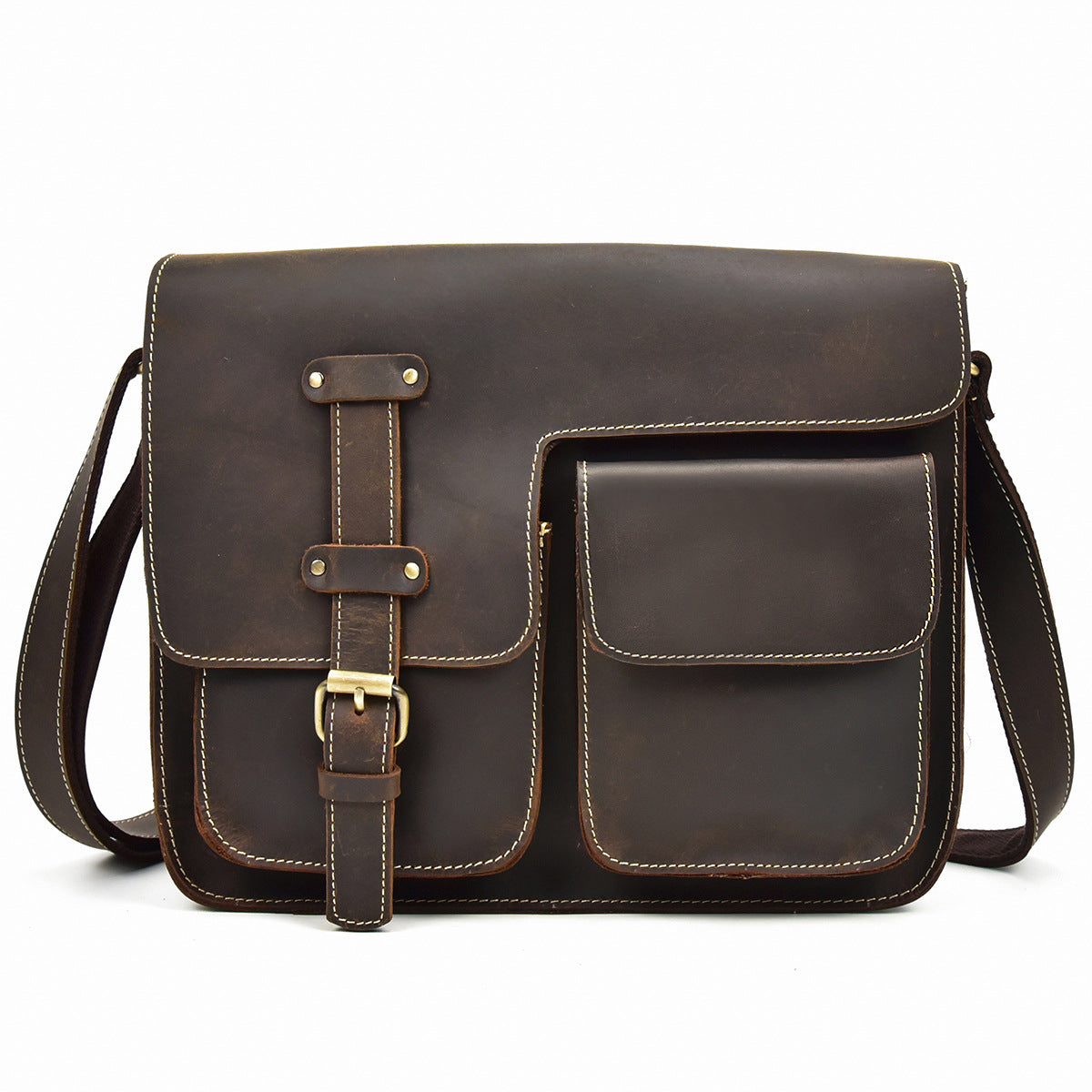 Brown leather satchel bag with a strap on a white background