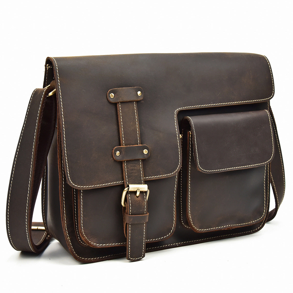 Brown leather satchel bag on a white background