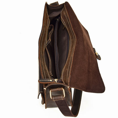 Brown leather bag with visible stitching on a white background