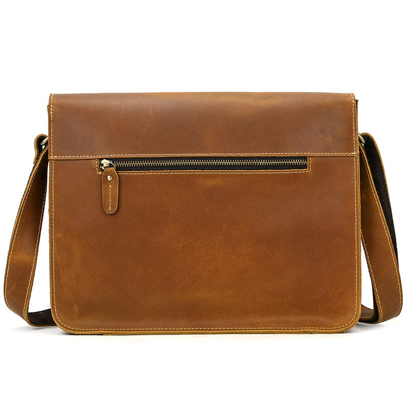 back view of Brown leather crossbody bag with a pocket on a white background