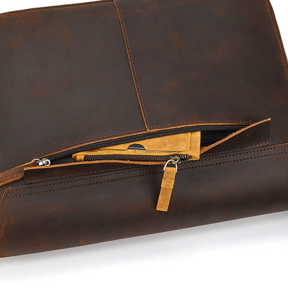 Brown leather bag with a zipper on a white background