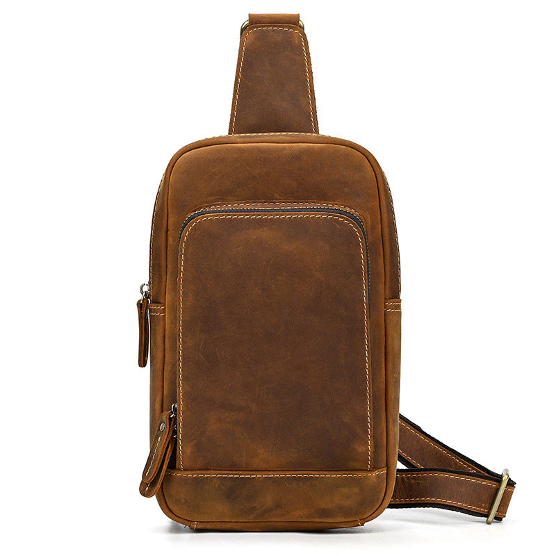 compact crazy horse leather sling bag light brown front view
