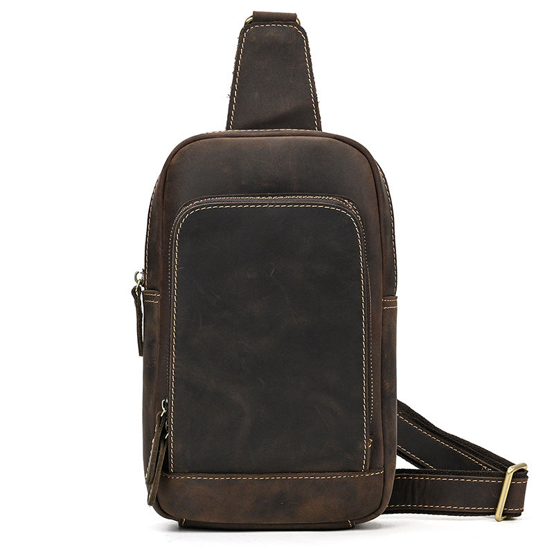 compact crazy horse leather sling bag dark brown front view