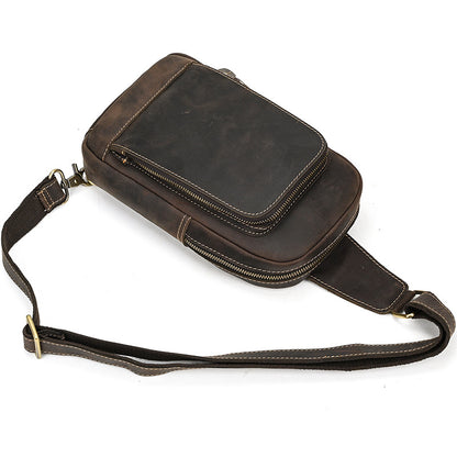 dark brown crazy horse leather sling bag angled view