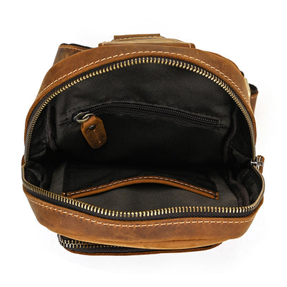 crazy horse leather sling bag interior zipper pocket detail
