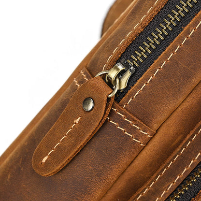 Close-up of a brown leather bag with a zipper and stitching details.