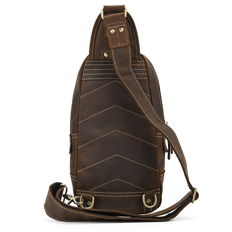 Back view of the Crazy Horse Leather Sling Bag, Timber Carry, showing the adjustable shoulder strap and clean stitching back panel.