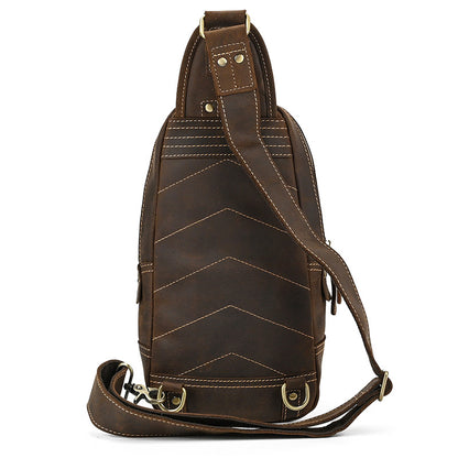Back view of the Crazy Horse Leather Sling Bag, Timber Carry, showing the adjustable shoulder strap and clean stitching back panel.