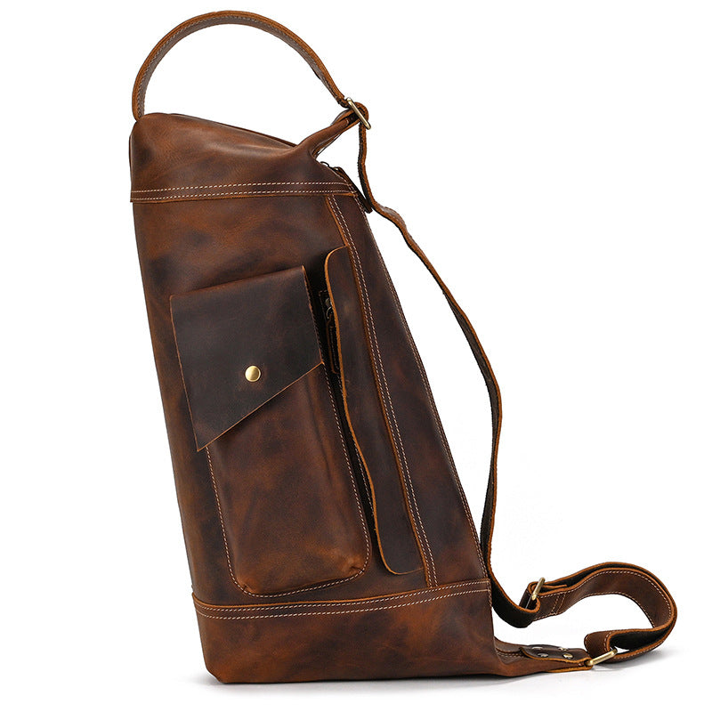 Timber Carry Crazy Horse Leather Sling Bag, Large Capacity Vertical Crossbody Pack in brown leather.