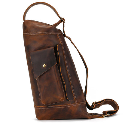 Timber Carry Crazy Horse Leather Sling Bag, Large Capacity Vertical Crossbody Pack in brown leather.