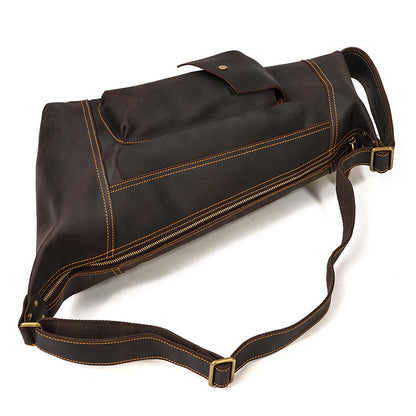 Full view of the Crazy Horse Leather Sling Bag, Timber Carry Large Capacity Vertical Crossbody Pack in dark brown.