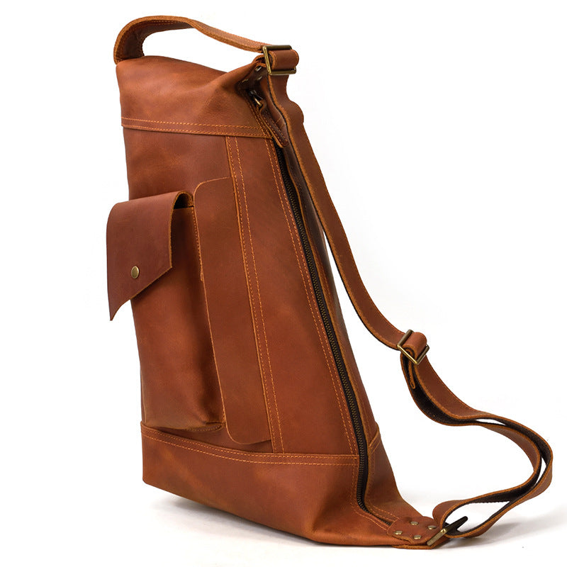 Full view of the Crazy Horse Leather Sling Bag, Timber Carry Large Capacity Vertical Crossbody Pack in light brown.