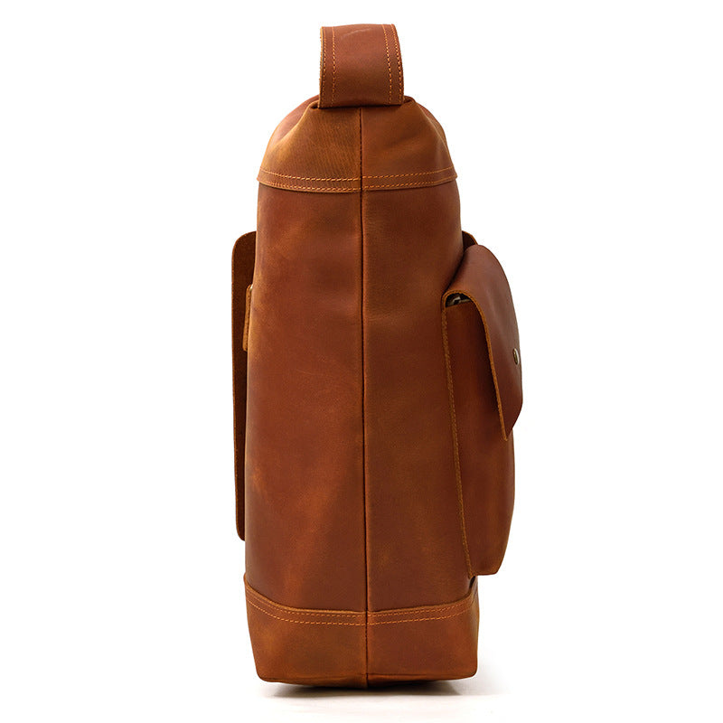 Close-up showing the back of  loop the Crazy Horse Leather Large Capacity Sling Bag.