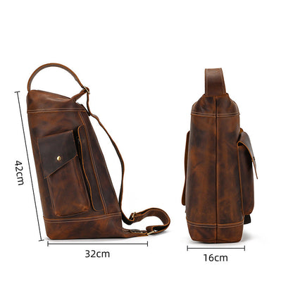 Brown leather backpack and sling bag with measurements on a white background