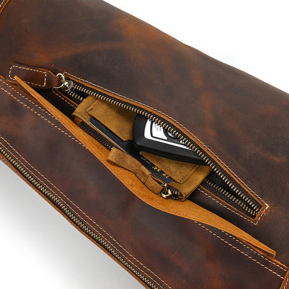Top-down view of the Crazy Horse Leather Sling Bag, highlighting the main zipper opening and durable stitching.