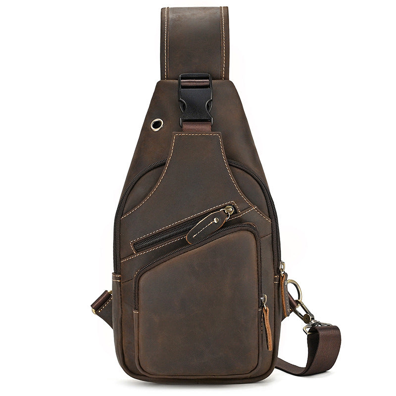 Brown leather sling bag on a white background