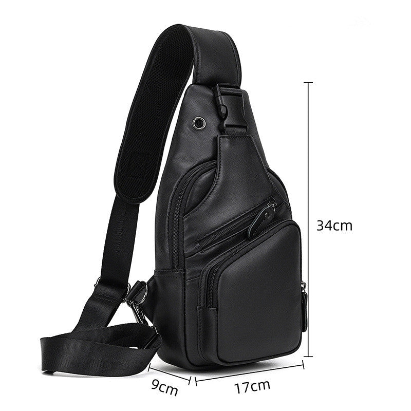 Black leather sling bag with measurements on a white background
