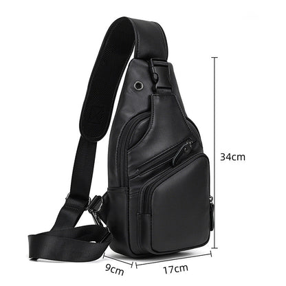 Black leather sling bag with measurements on a white background