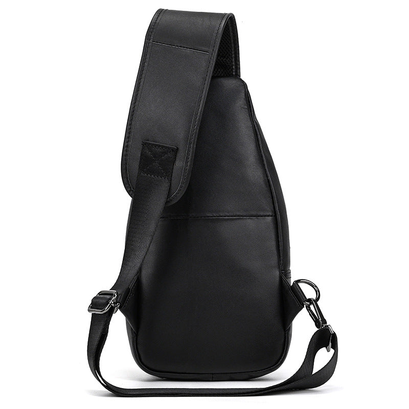 Black leather sling bag on a white background