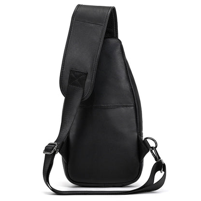 Black leather sling bag on a white background