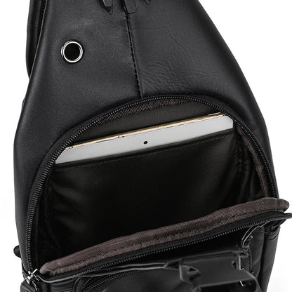 Black sling bag with a compartment holding a tablet on a white background