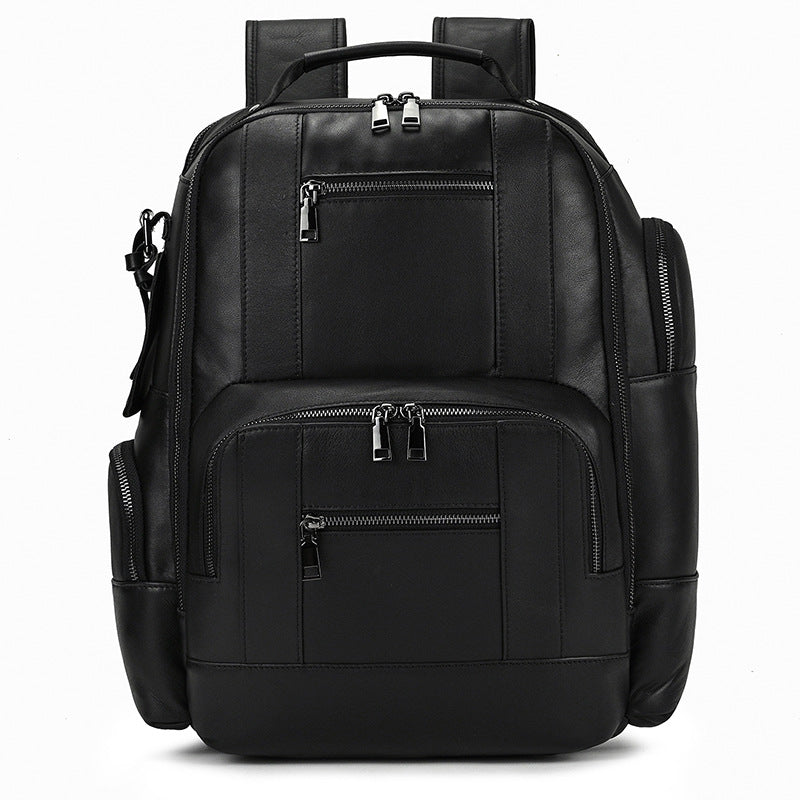 Black leather backpack with multiple zippers on a white background