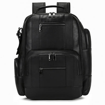 Black leather backpack with multiple zippers on a white background