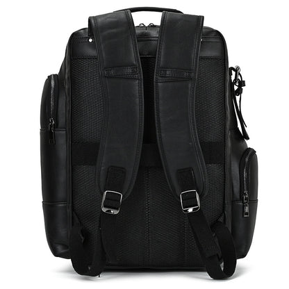 Black leather backpack with straps on a white background