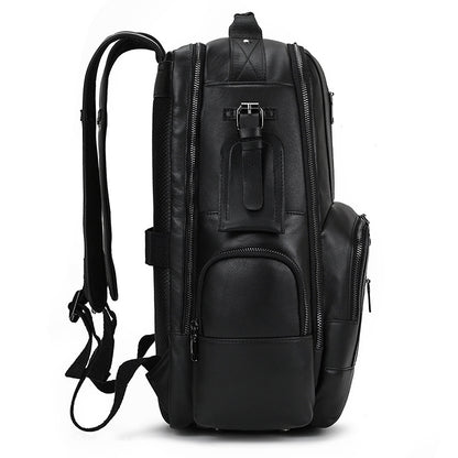 Black leather backpack with multiple zippers on a white background