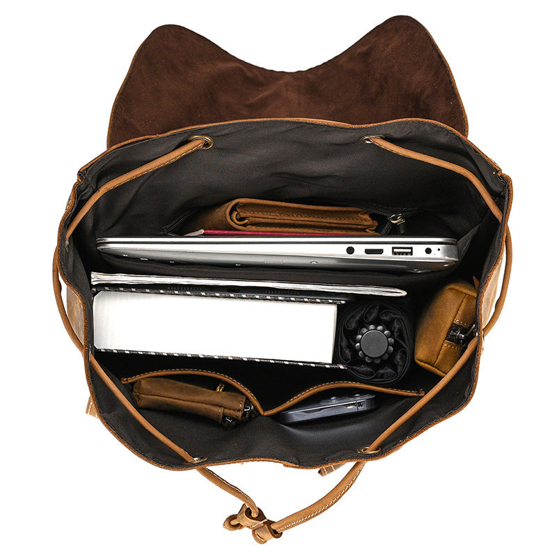 Drawstring Crazy Horse Leather Backpack – Vintage Laptop Bag