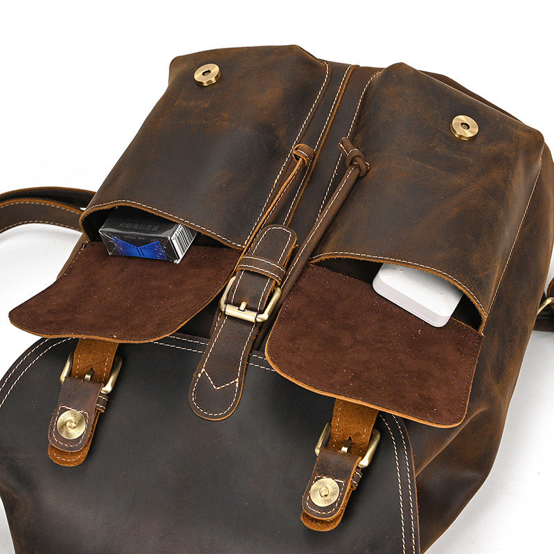 Drawstring Crazy Horse Leather Backpack – Vintage Laptop Bag