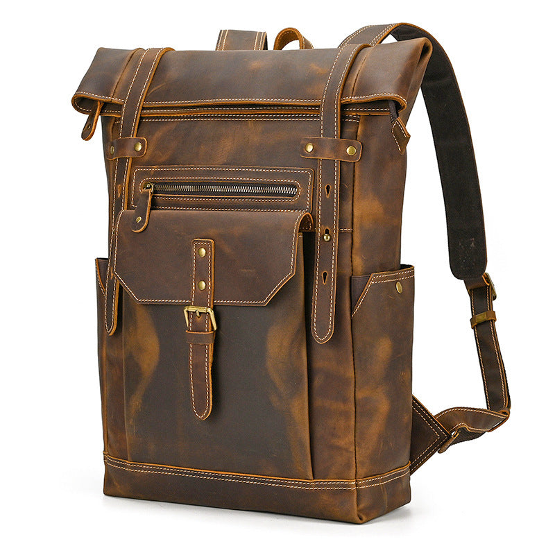 Large Crazy Horse Leather Backpack – Rolltop Travel Laptop Bag