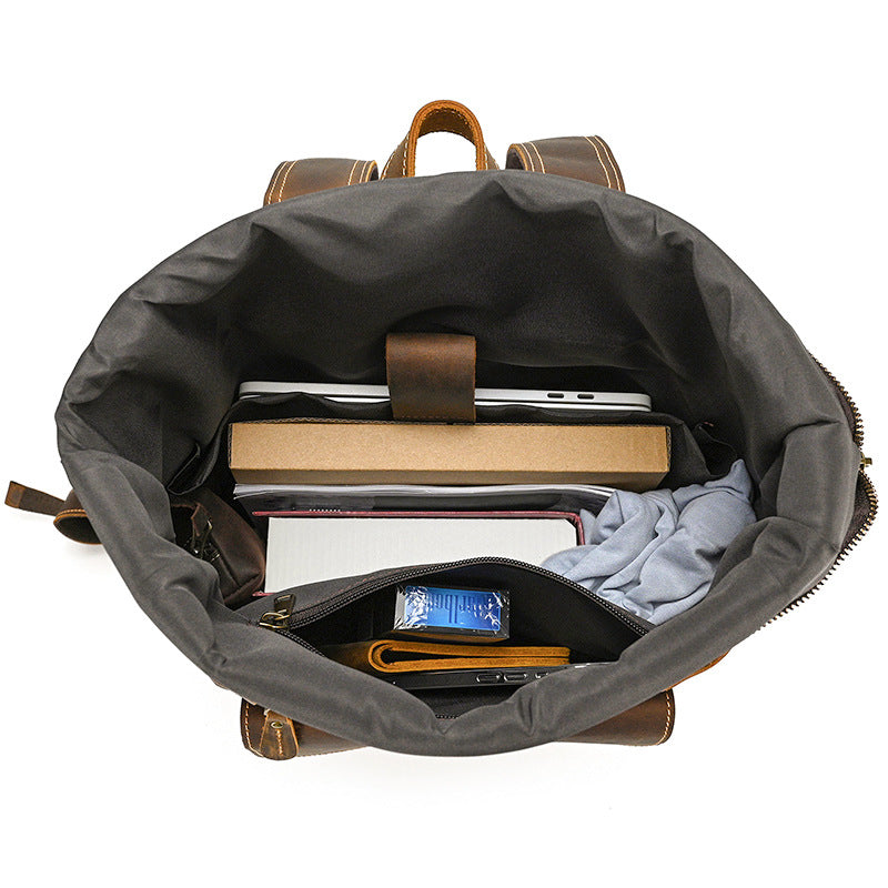 Large Crazy Horse Leather Backpack – Rolltop Travel Laptop Bag